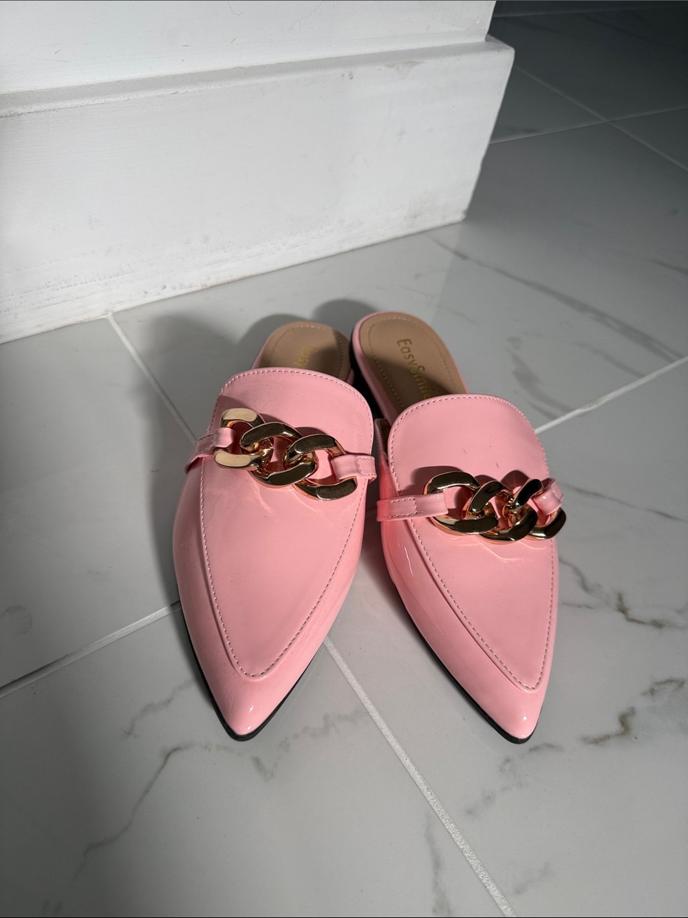 Faux Patent Pink Pointed Mules with Gold Chain Accent